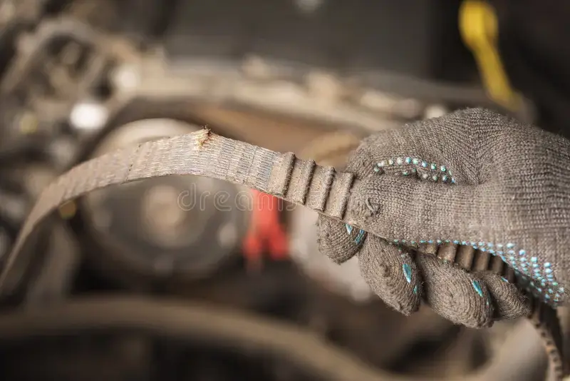 Auto mechanic holds worn-out timing belt teeth close-up